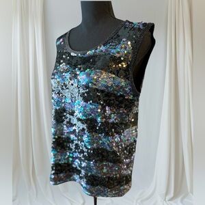 Vintage Gene Ewing Sequin Tank Top Beaded Trim Black Stripe Holidays 1990 Small